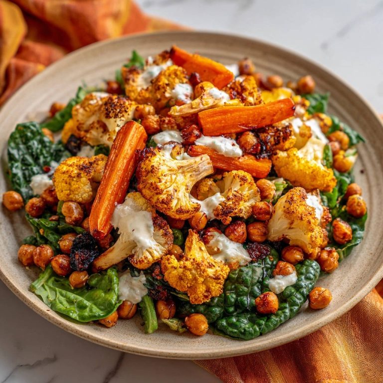 Knusprige Ofengemüse-Buddha Bowl mit Kichererbsen, nahaufnahme der bunten Zutaten auf einem Teller serviert.
