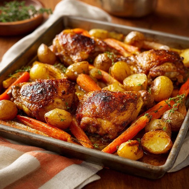 Ofenhähnchen mit Kartoffeln und Karotten, eine Nahaufnahme auf einem Backblech mit frischen Kräutern und glasiertem Fleisch.