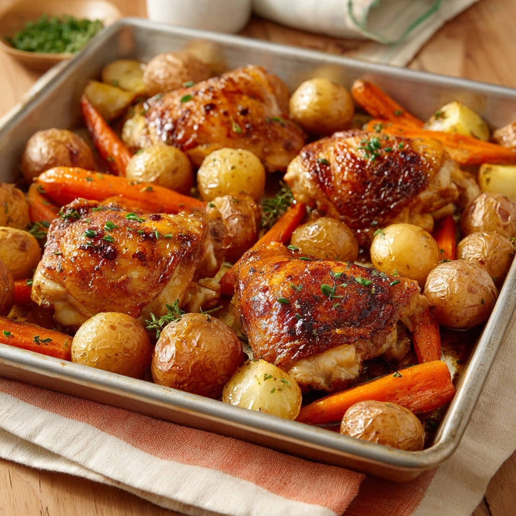 Ofenhähnchen mit Kartoffeln und Karotten als Nahaufnahme auf einem Backblech mit frischen Kräutern garniert.