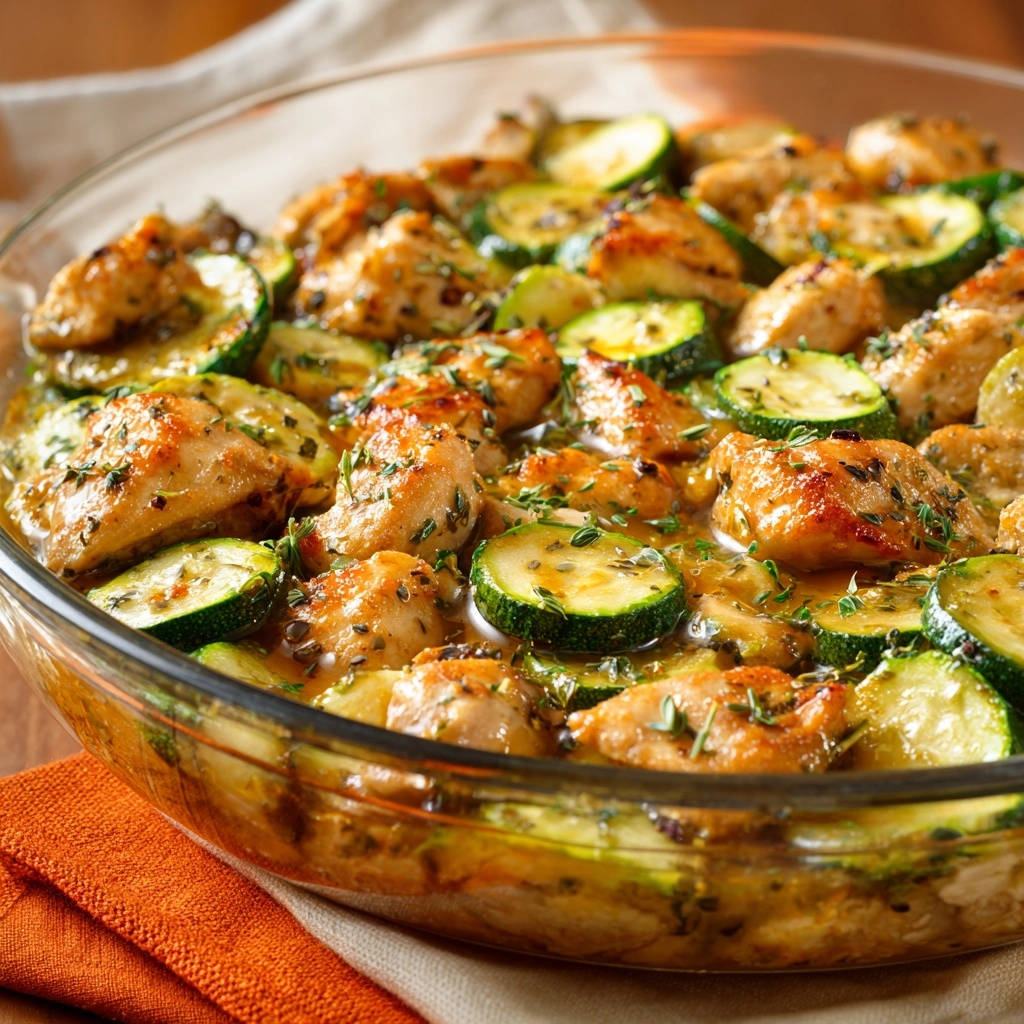 Mediterranes Ofenhähnchen mit Zucchini, nahaufnahme der glasierten Hähnchenstücke und Zucchinischeiben im Auflauf.