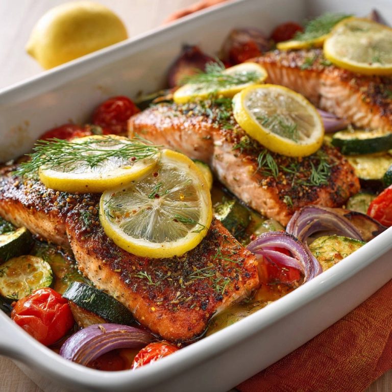 Ofenlachs mit mediterranem Ofengemüse als Nahaufnahme mit Zitrone und Dill garniert