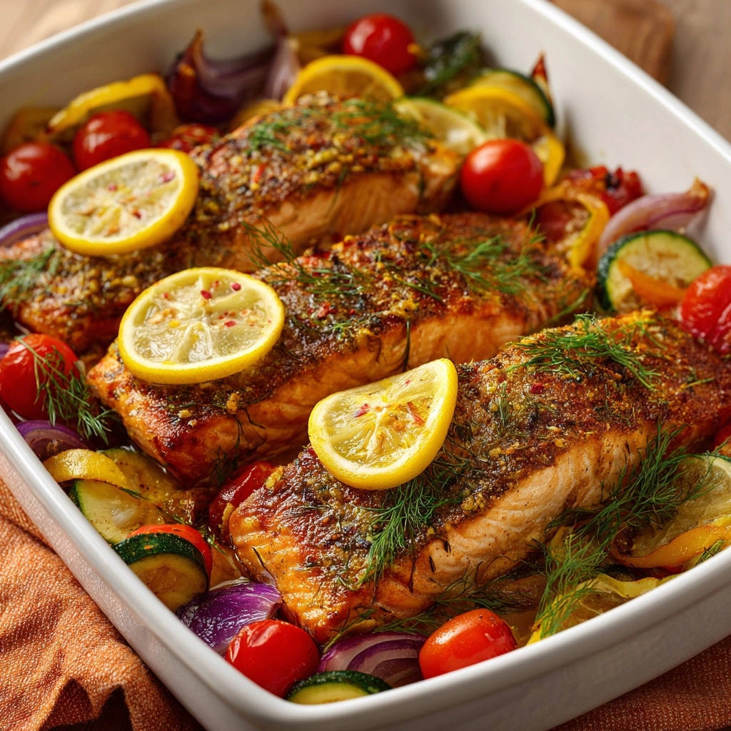 Ofenlachs mit mediterranem Ofengemüse, saftig und zart mit Zitronenscheiben und frischen Kräutern garniert.