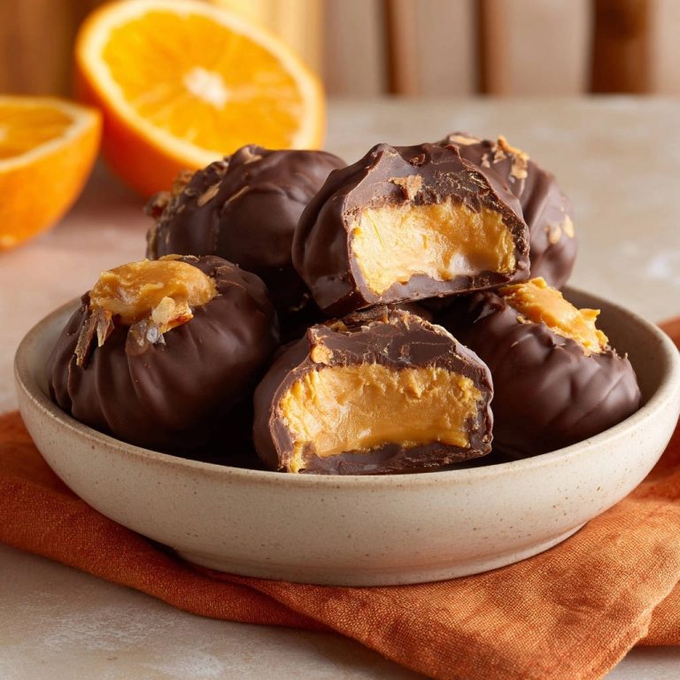Orangen-Schoko-Pralinen mit angeschnittener Füllung in einer Schale, präsentiert mit Orangenscheiben im Hintergrund.