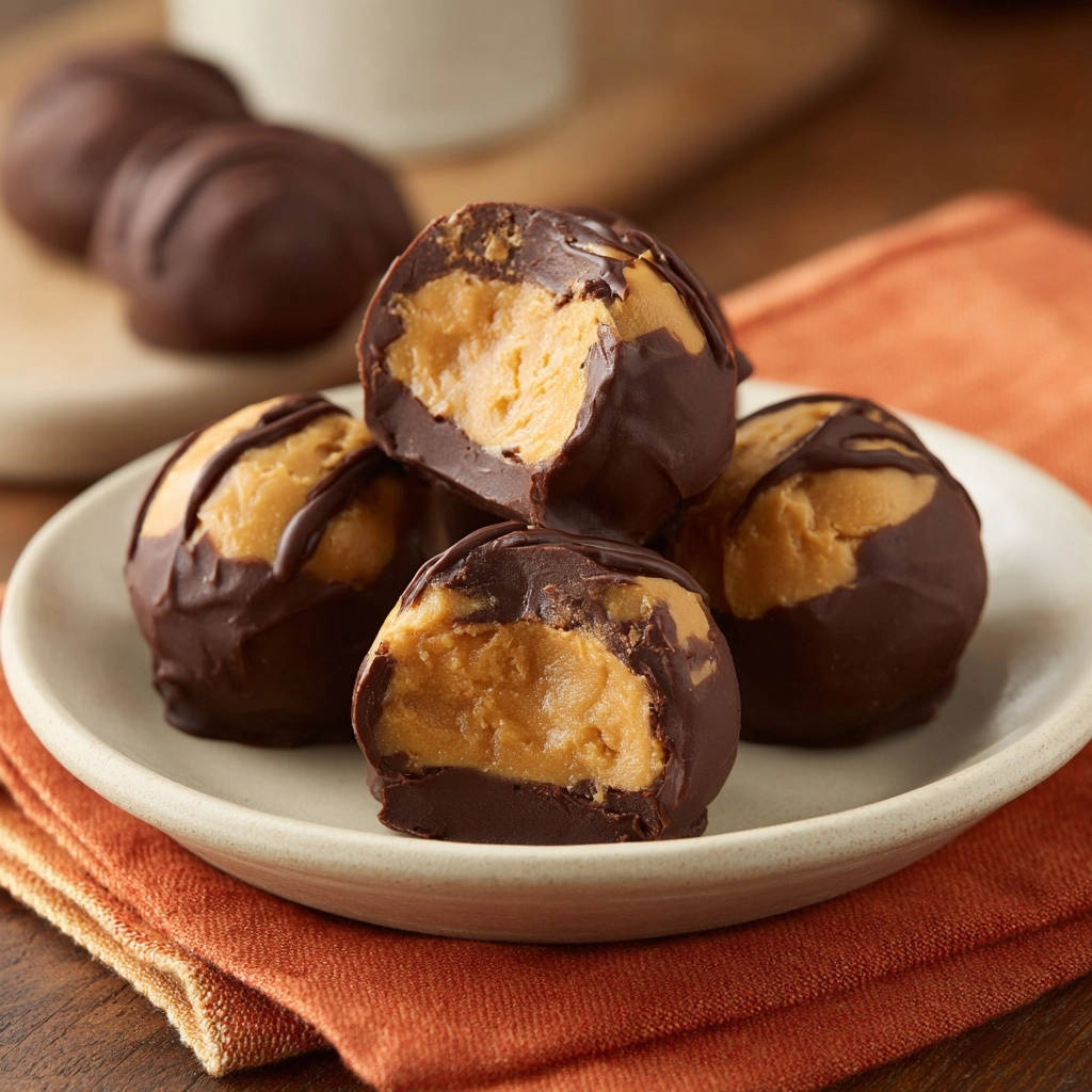 Orangen-Schoko-Pralinen angeschnitten, die die cremige Erdnussbutter-Füllung enthüllen, auf einem Teller serviert.