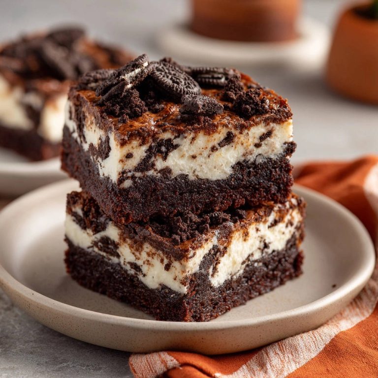 Oreo-Cheesecake-Brownies als gestapelte Quadrate auf einem Teller mit Kekskrümeln und Oreo-Stücken obendrauf.