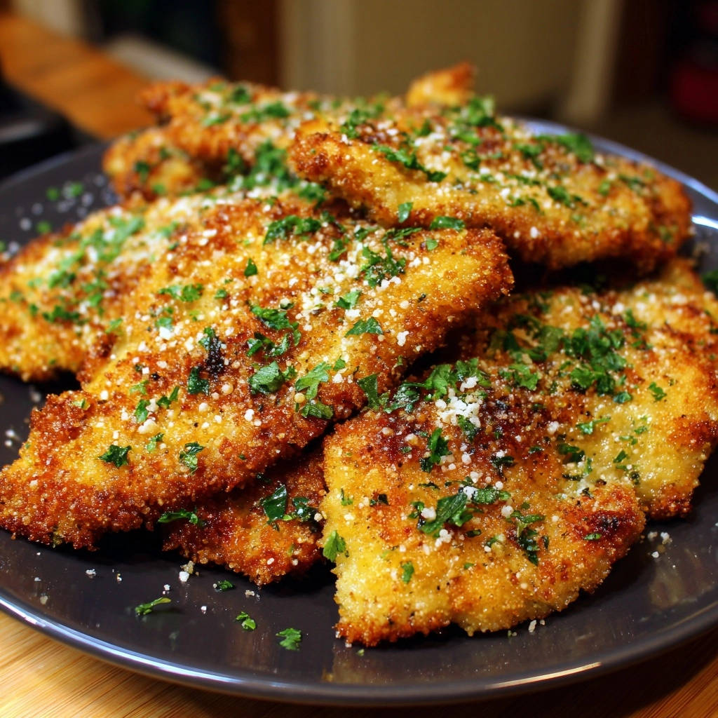 Goldbraune Parmesan-Hähnchen-Streifen, frisch mit Petersilie und Käse garniert, auf einem dunklen Teller serviert.
