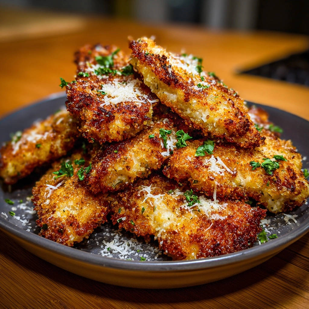 Goldbraune Parmesan-Hähnchen-Streifen als Nahaufnahme mit frischer Petersilie und geriebenem Parmesan garniert.