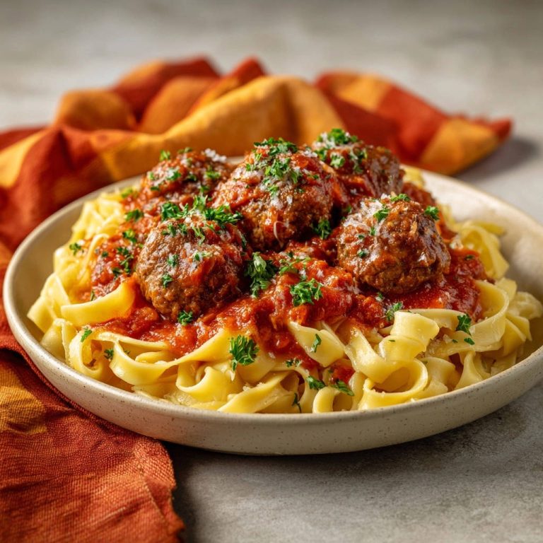 Pasta mit saftigen Hackbällchen in Tomatensoße, nahaufnahme der servierten Portion mit frischer Petersilie garniert