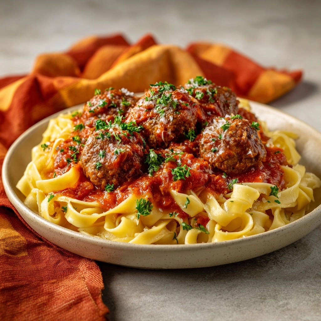 Pasta mit saftigen Hackbällchen in Tomatensoße, nahaufnahme der servierten Portion mit frischer Petersilie garniert