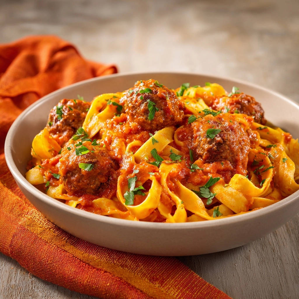 Pasta mit saftigen Hackbällchen in Tomatensoße, Nahaufnahme der servierten Portion mit frischen Kräutern garniert.
