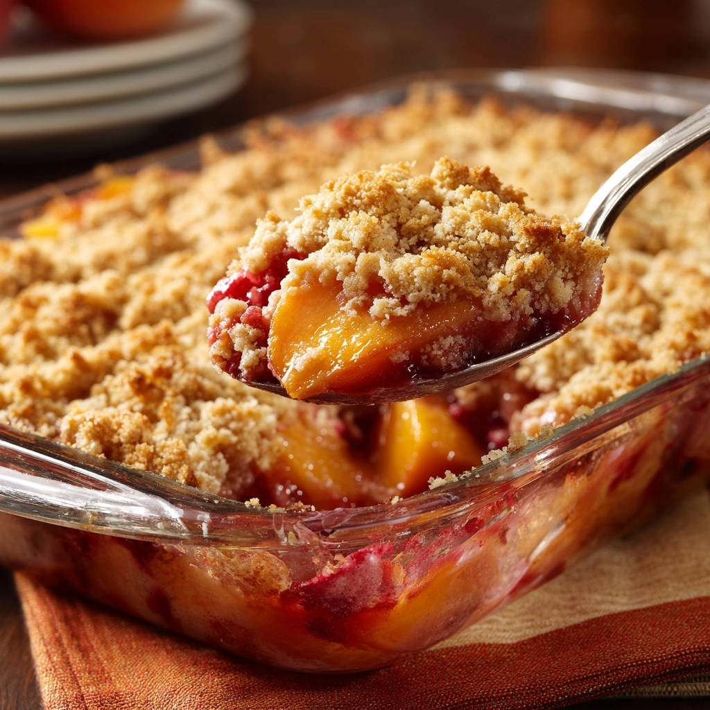 Saftiger Pfirsich-Beeren-Crumble, eine Löffelportion mit saftigen Früchten und knuspriger Streuselhaube, detailnah aufgenommen.