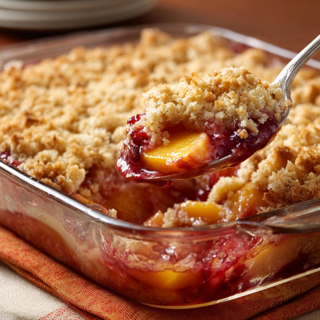 Saftiger Pfirsich-Beeren-Crumble, eine Löffelportion mit saftigen Pfirsichen und Beeren, zeigt die Textur des Streusels.