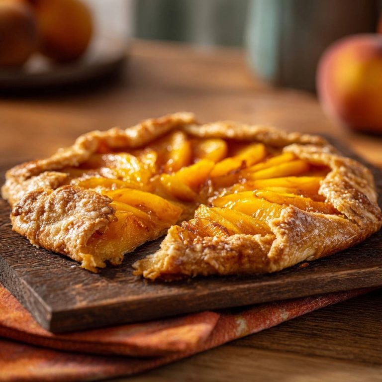 Saftige Pfirsich-Galette angeschnitten auf einem Holzbrett, mit Fokus auf den knusprigen Boden und die Fruchtfüllung.