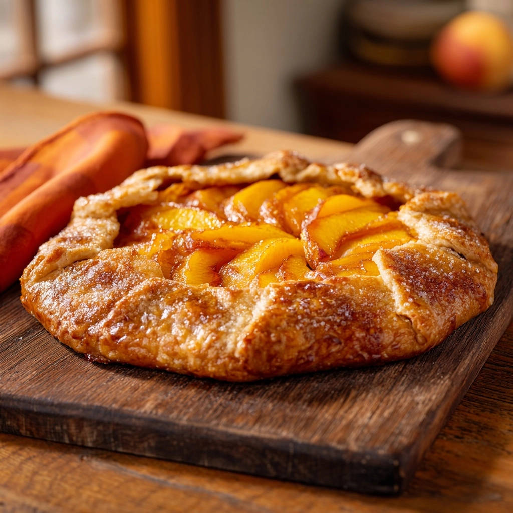 Saftige Pfirsich-Galette im Detail mit knusprigem Boden und glasierten Früchten auf einem Holzbrett.