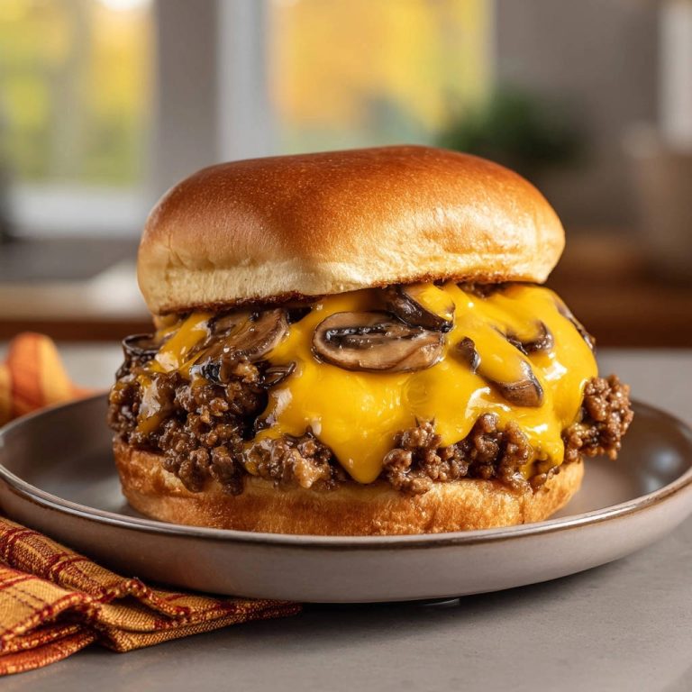 Saftiger Pilz-Käse-Sloppy-Joe mit geschmolzenem Käse und Pilzen auf einem Brötchen, nahaufnahme auf einem Teller serviert.