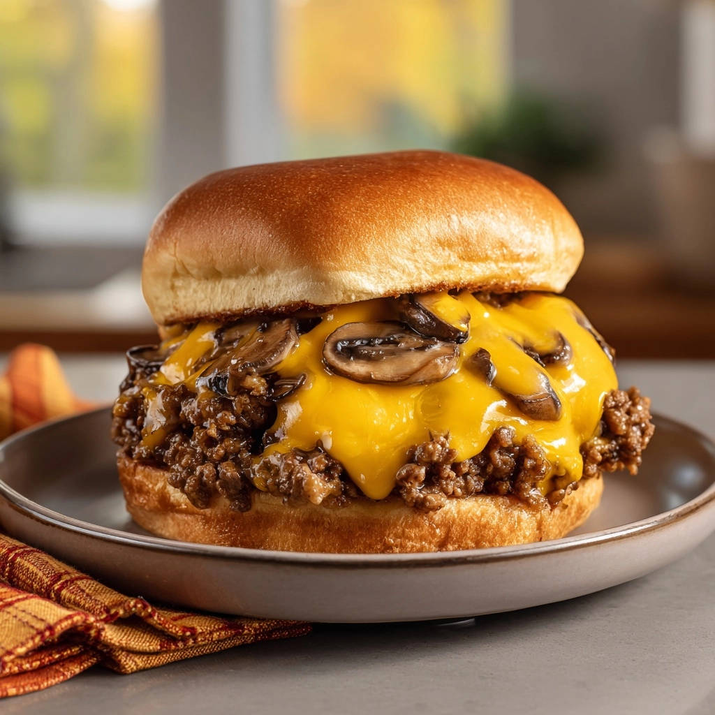 Saftiger Pilz-Käse-Sloppy-Joe mit geschmolzenem Käse und Pilzen auf einem Brötchen, nahaufnahme auf einem Teller serviert.