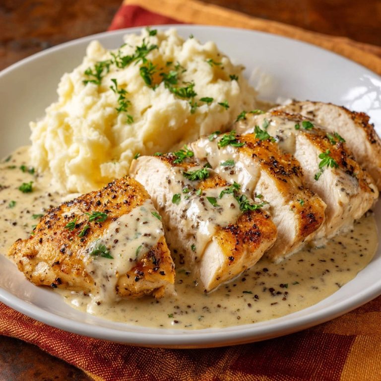 Saftiges Rahmhähnchen mit Pfeffer-Senf-Sauce, angeschnitten und mit cremiger Sauce übergossen, daneben Kartoffelpüree.