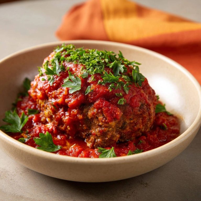 Riesen-Hackball in Tomatensauce, garniert mit frischer Petersilie und bedeckt mit reichlich Sauce.