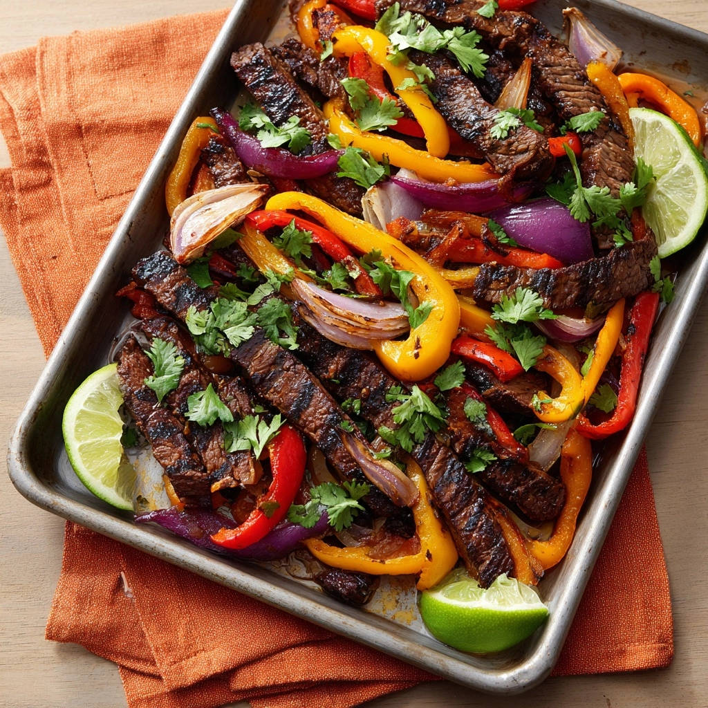 Fajita-Style Rinderstreifen vom Blech, garniert mit frischem Koriander und serviert mit Limettenspalten auf einem Backblech.