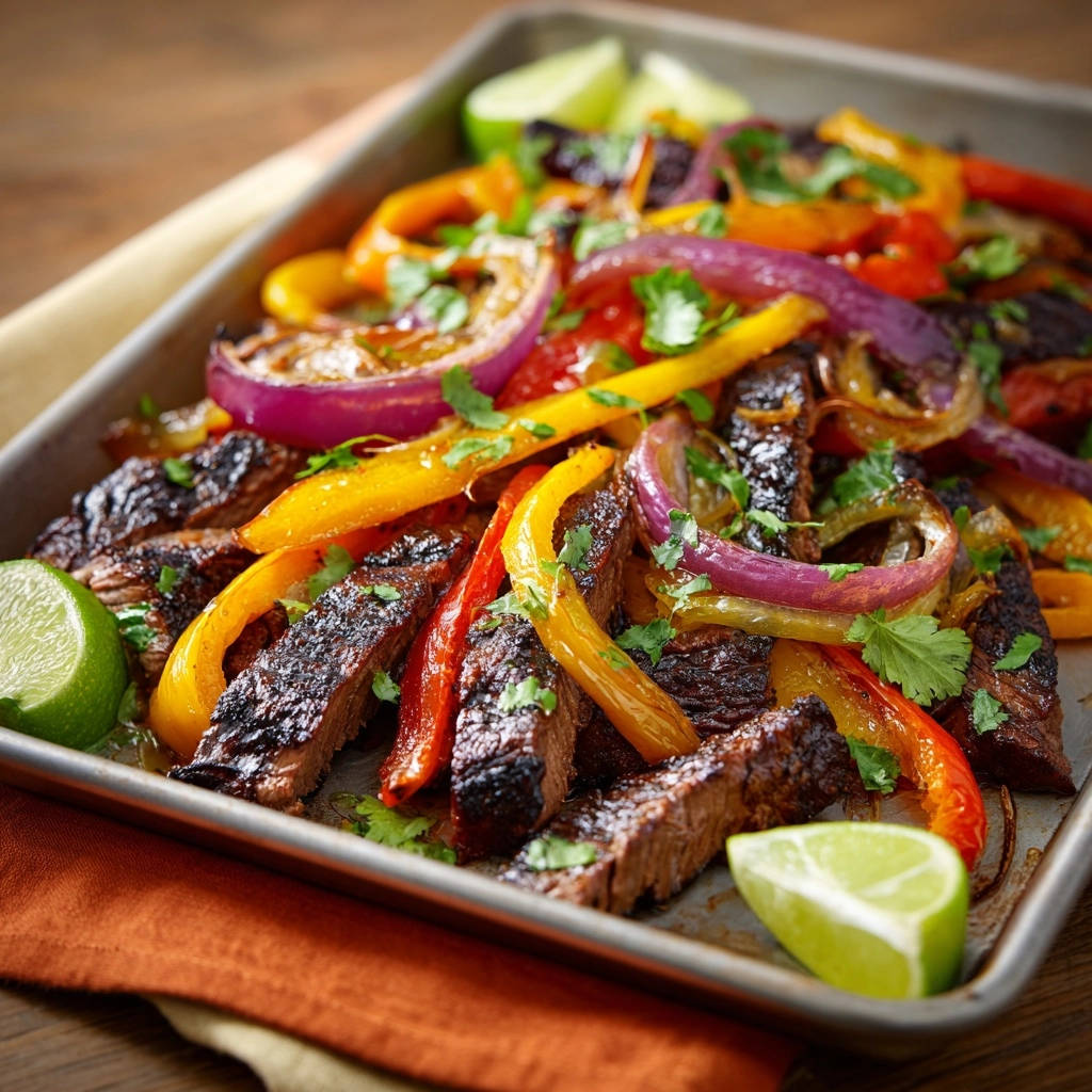 Fajita-Style Rinderstreifen vom Blech als Nahaufnahme, saftig mit Paprika und Zwiebeln garniert