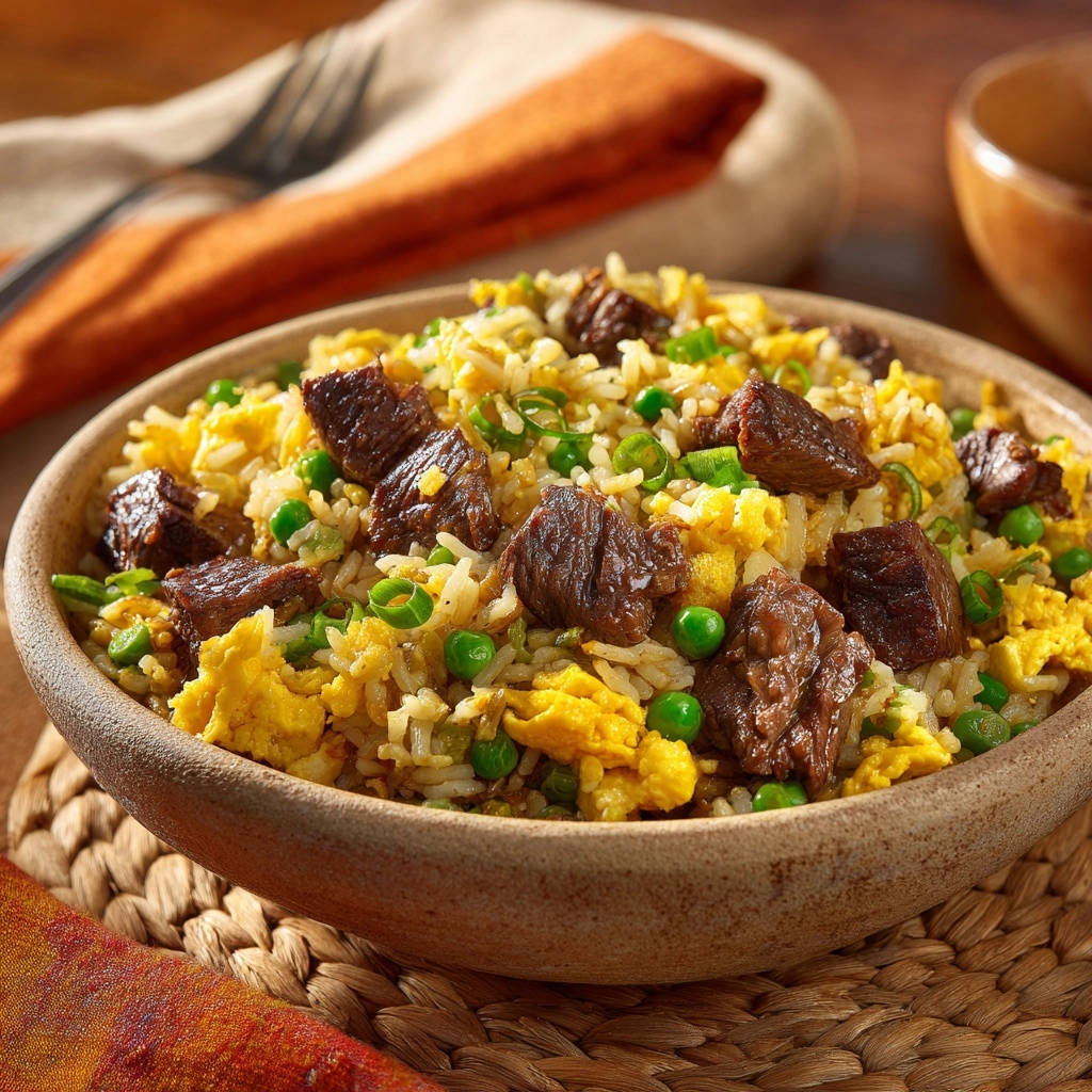 Rindfleisch Fried Rice in einer Schüssel mit Erbsen, Rührei und Frühlingszwiebeln, Nahaufnahme