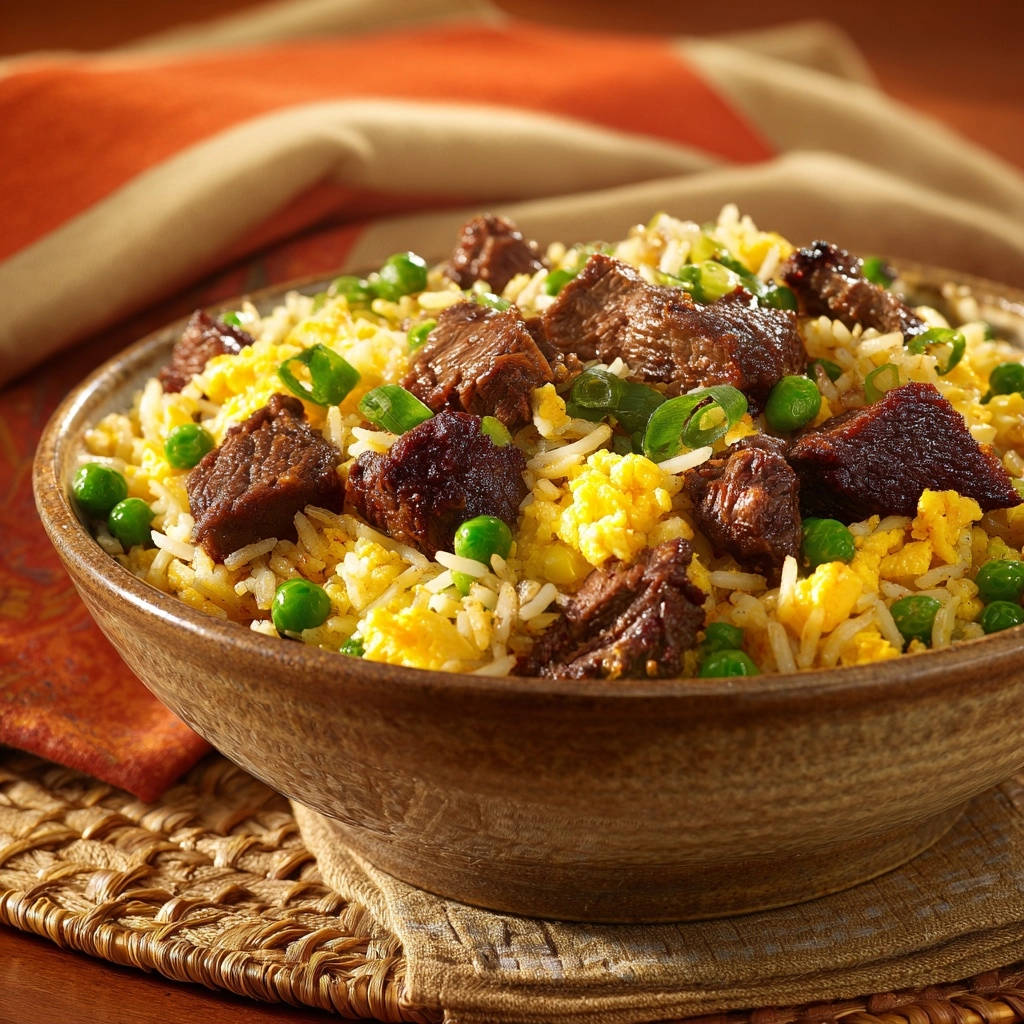 Rindfleisch Fried Rice als Nahaufnahme in einer Schüssel mit Erbsen und Rührei, appetitlich angerichtet.
