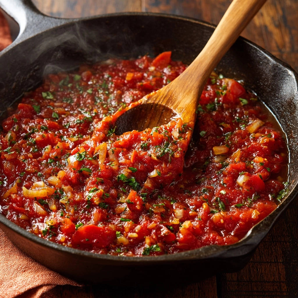 Rustikale Tomaten-Basilikum-Soße wird in einer gusseisernen Pfanne mit einem Holzlöffel umgerührt.