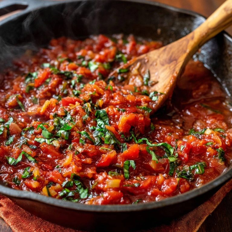 Rustikale Tomaten-Basilikum-Soße in einer Pfanne, mit frischem Basilikum und Dampf, von der Seite gesehen.