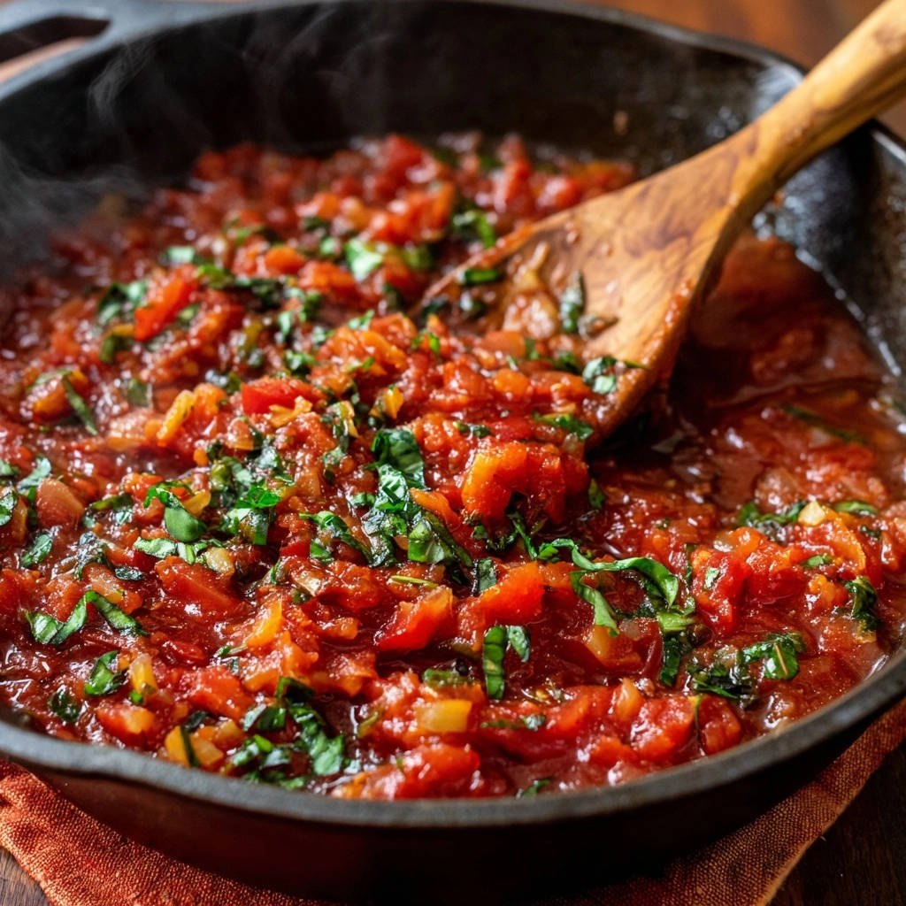 Rustikale Tomaten-Basilikum-Soße in einer Pfanne, mit frischem Basilikum und Dampf, von der Seite gesehen.