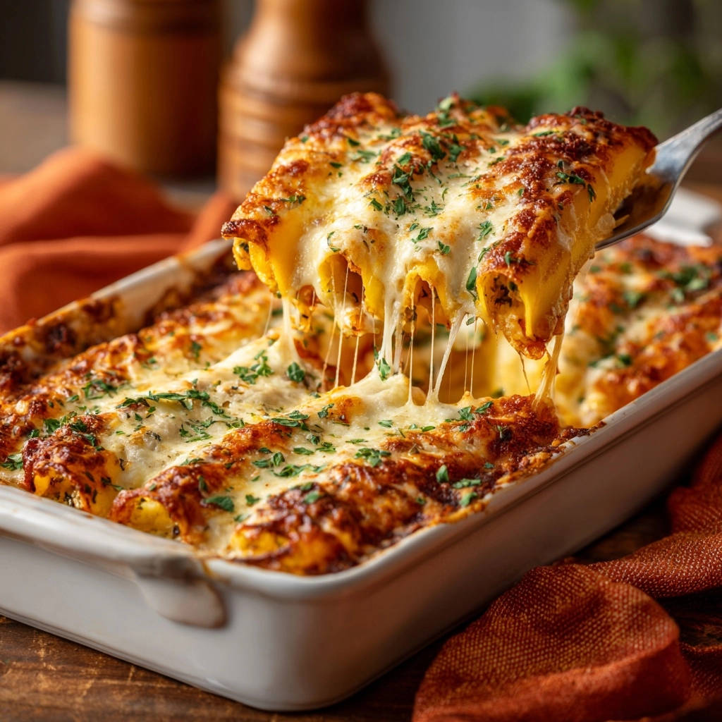 Saftige Cannelloni mit herzhafter Füllung, wie sie frisch aus dem Ofen kommen und mit geschmolzenem Käse serviert werden.