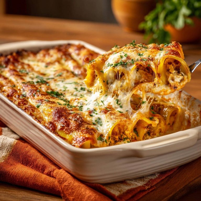 Saftige Cannelloni mit herzhafter Füllung, angeschnitten und mit geschmolzenem Käse bedeckt, frisch aus dem Ofen serviert.