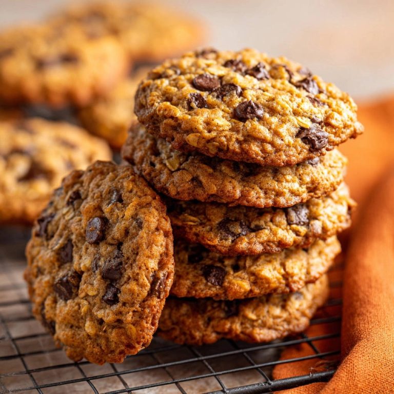 Saftige Haferflocken-Schokocookies als Stapel fotografiert mit einer Nahaufnahme der Textur und Schokoladenstückchen.