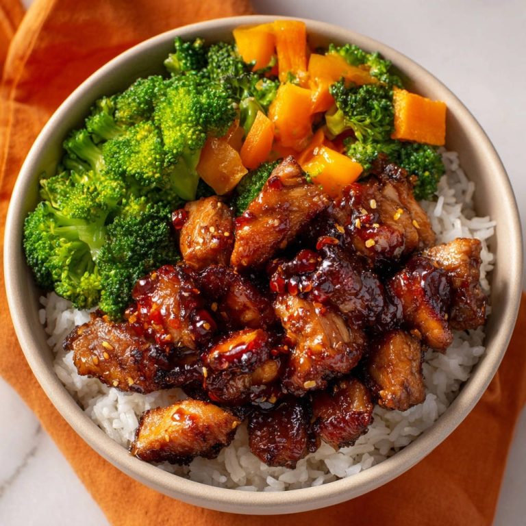 Saftige Hähnchen Bowl mit glasierten Stücken, serviert auf Reis mit Brokkoli und Karotten.