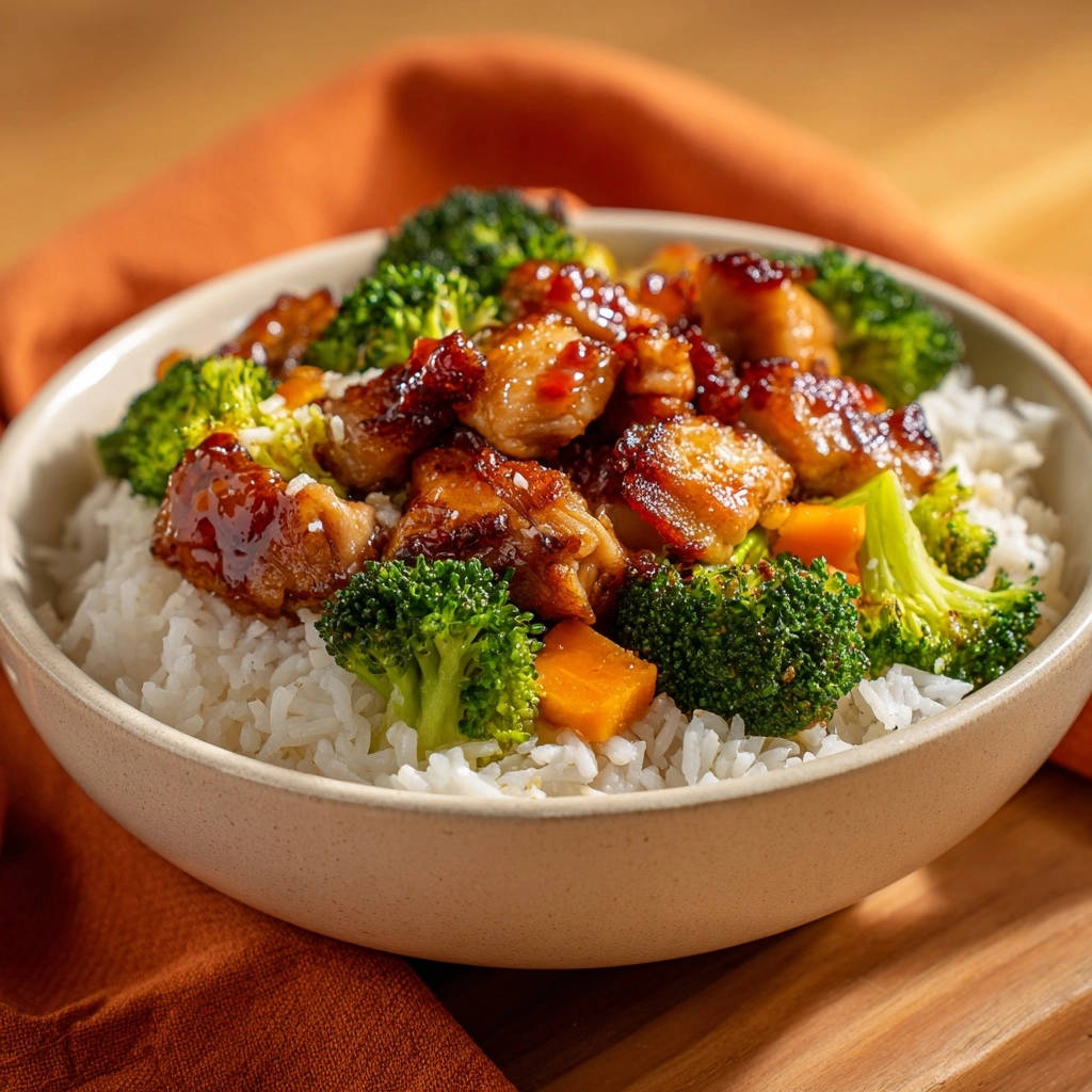 Saftige Hähnchen Bowl mit detailreicher Glasur und knackigem Brokkoli, serviert auf Reis.