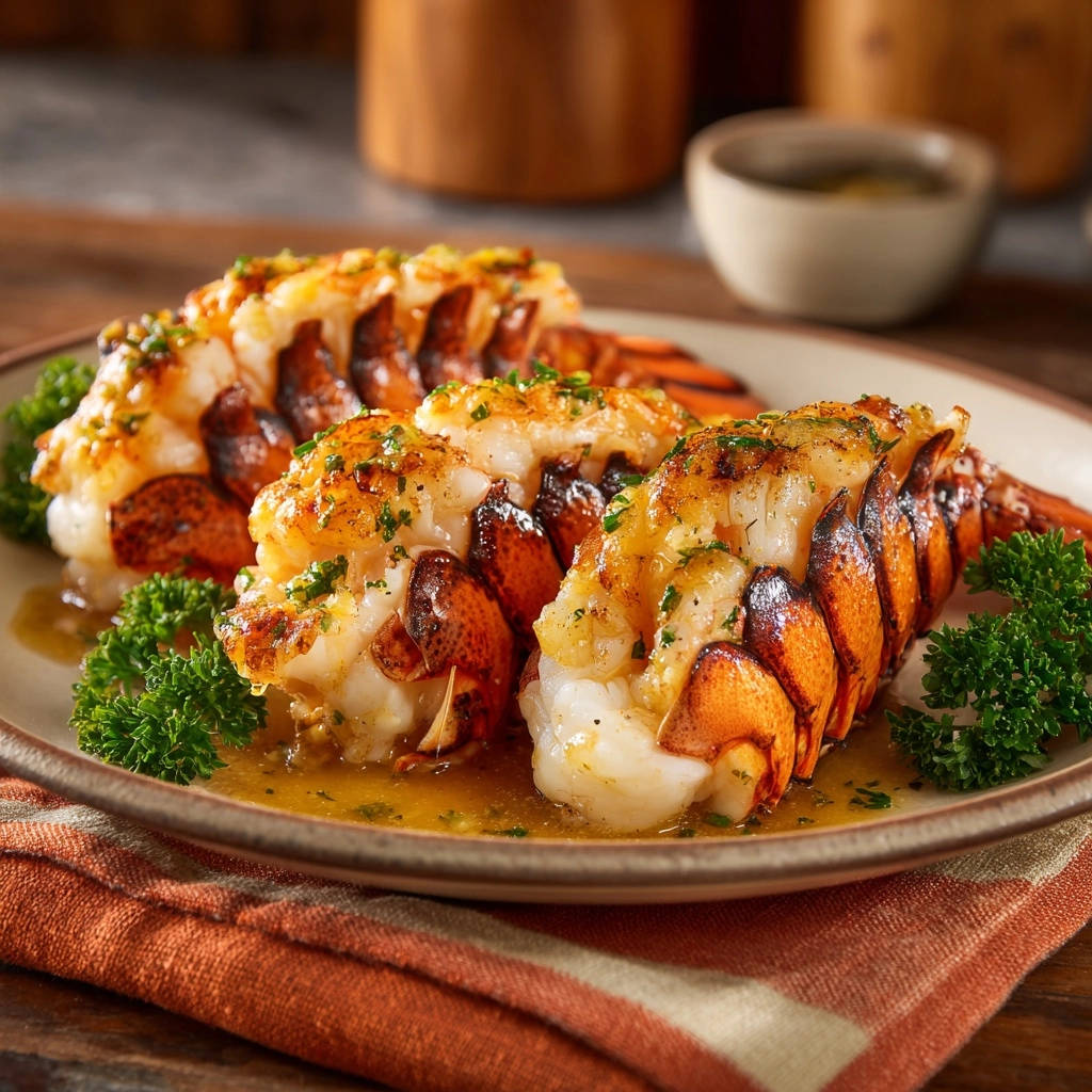 Saftige Hummer-Schwänze mit Knoblauch-Kräuterbutter, serviert auf einem Teller und garniert mit frischer Petersilie.