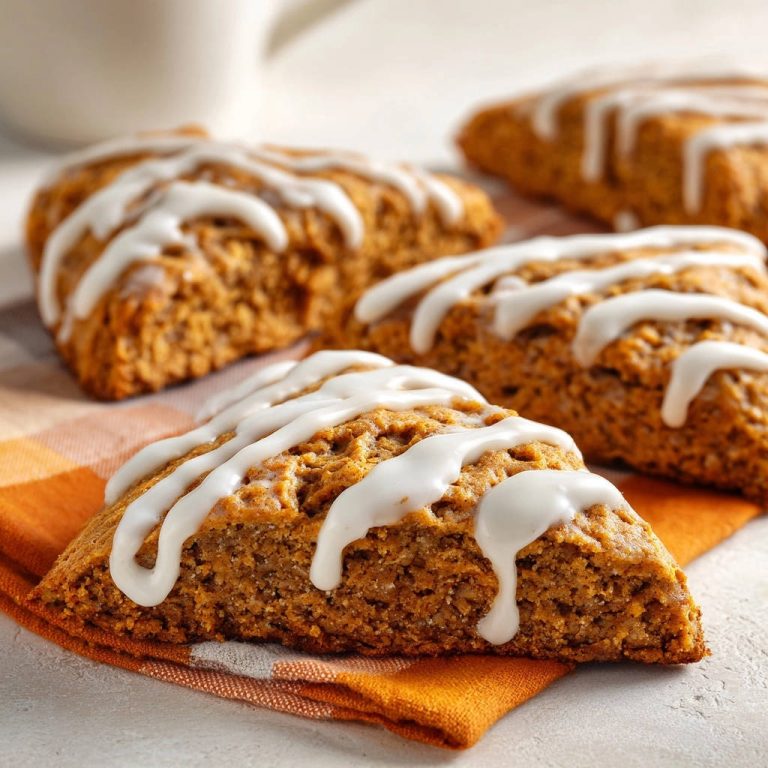 Saftige Kürbis-Scones mit detaillierter weißer Glasur, auf einem karierten orangefarbenen Tuch serviert.