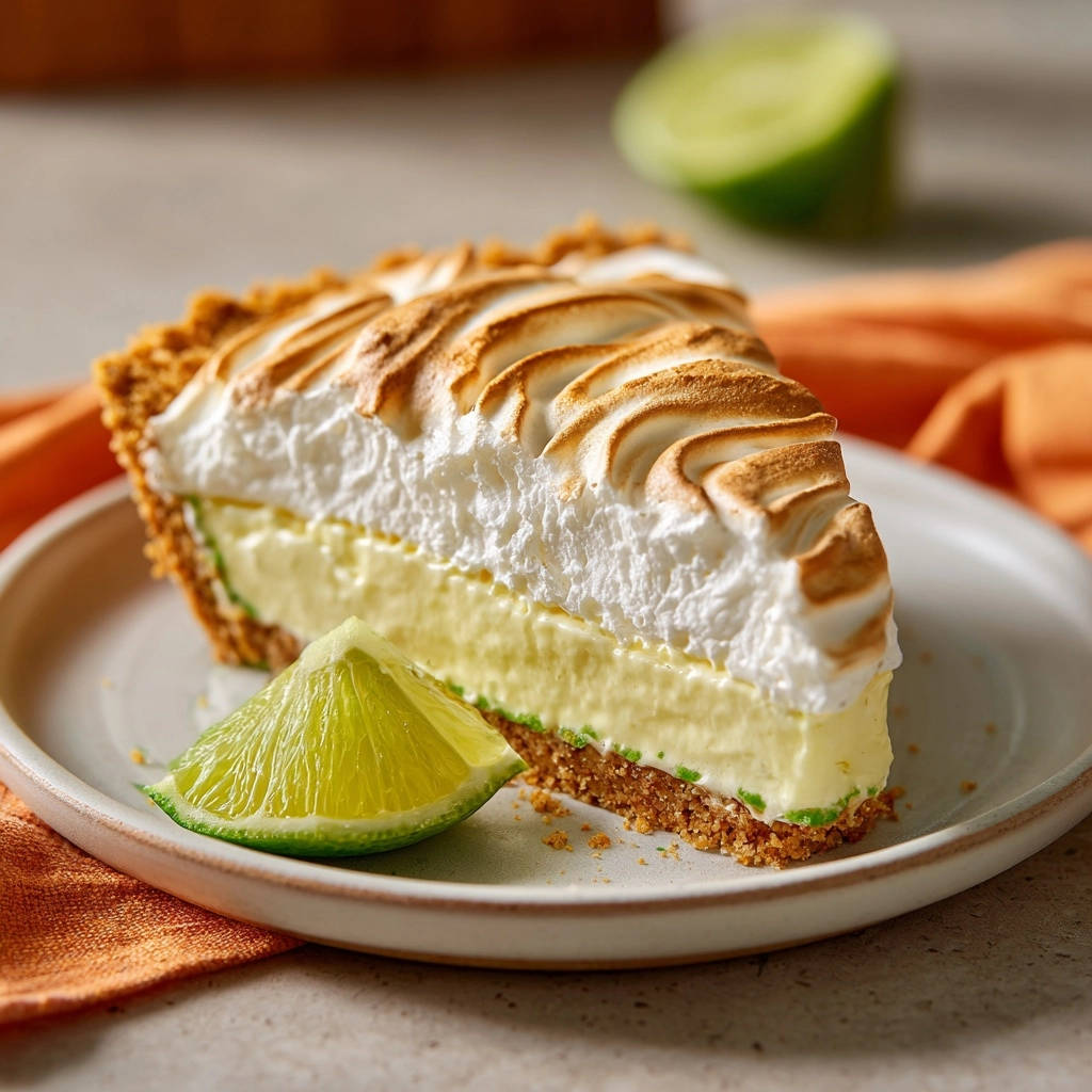 Saftige Limetten-Tarte mit Baiser, angeschnitten auf einem Teller mit Limettenspalte und orangefarbenem Tuch.