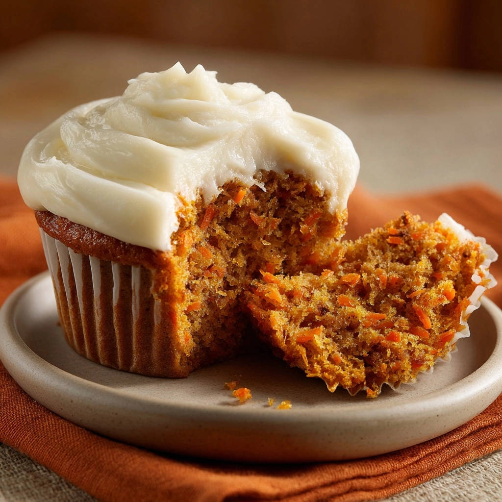 Saftige Möhrenmuffins mit Frischkäse-Frosting angeschnitten, um die feine Krume und Karottenstückchen zu zeigen.
