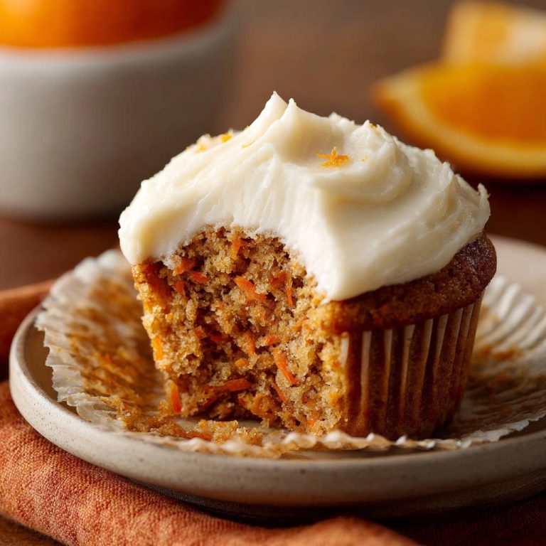 Saftige Möhrenmuffins mit Frischkäse-Frosting, angeschnitten und zeigen das Innere mit Karottenstücken.
