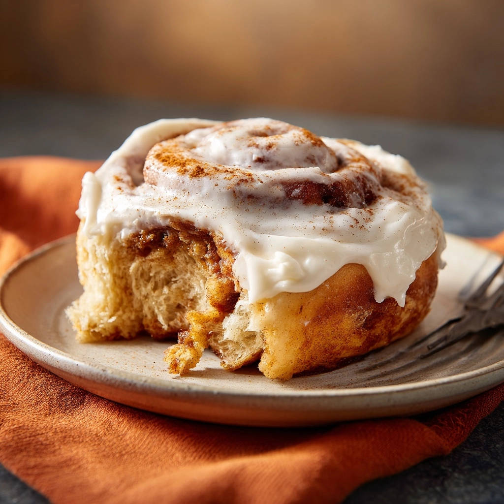 Saftige Zimtschnecken mit Frischkäse-Frosting, angeschnitten und auf einem Teller serviert mit einer Gabel.