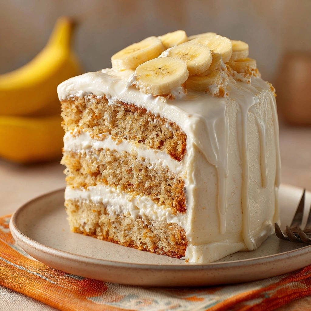 Saftiger Bananen-Schichtkuchen angeschnitten, mit weißer Glasur und Bananenscheiben garniert, auf einem Teller serviert.