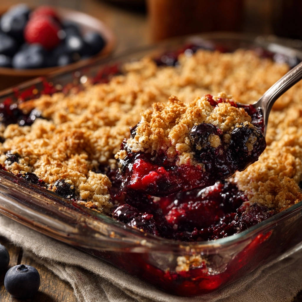 Saftiger Beeren-Crumble auf einem Löffel aus der Auflaufform, mit süßen Beeren und knuspriger Kruste.