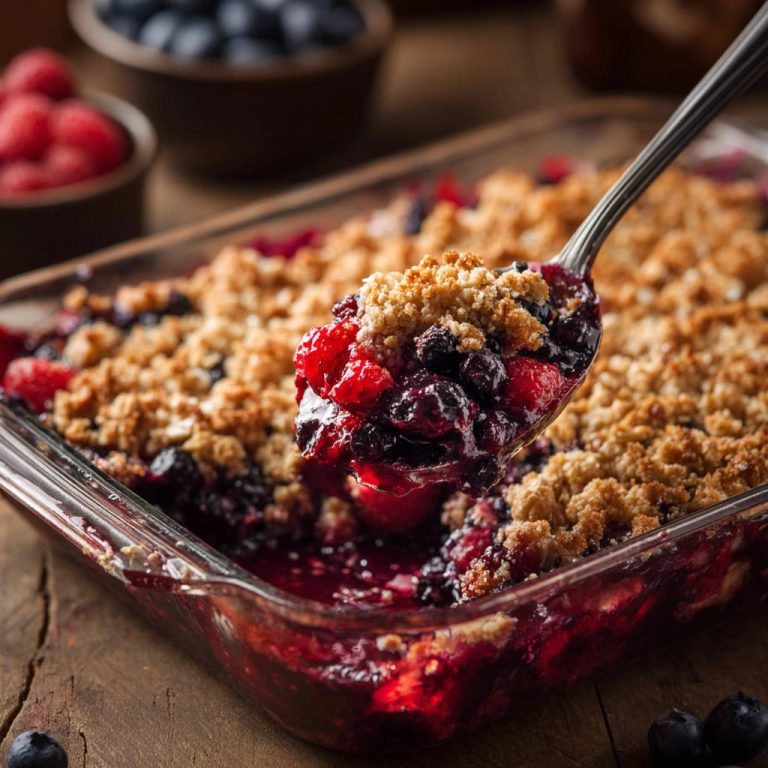 Saftiger Beeren-Crumble als Nahaufnahme mit einem Löffel voll, der die fruchtige Füllung und knusprige Kruste zeigt.