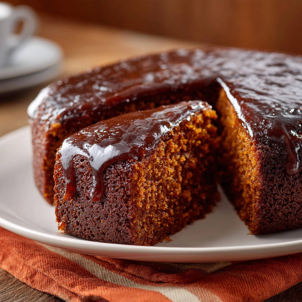Saftiger Gewürzkuchen mit zartschmelzendem Guss, angeschnitten und mit einem Stück auf dem Teller, das die saftige Textur zeigt.