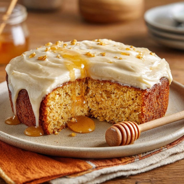 Saftiger Honig-Nuss-Kuchen mit cremiger Glasur, angeschnitten mit Honig beträufelt und garniert mit Nüssen.