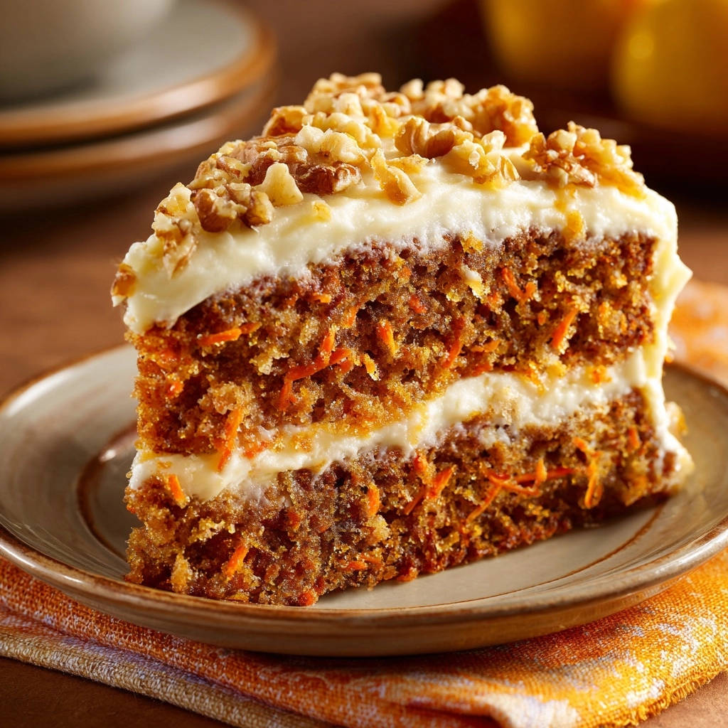 Saftiger Karottenkuchen mit cremigem Frosting, gezeigt als Nahaufnahme eines angeschnittenen Stücks mit sichtbarer Textur und Walnuss-Garnitur.