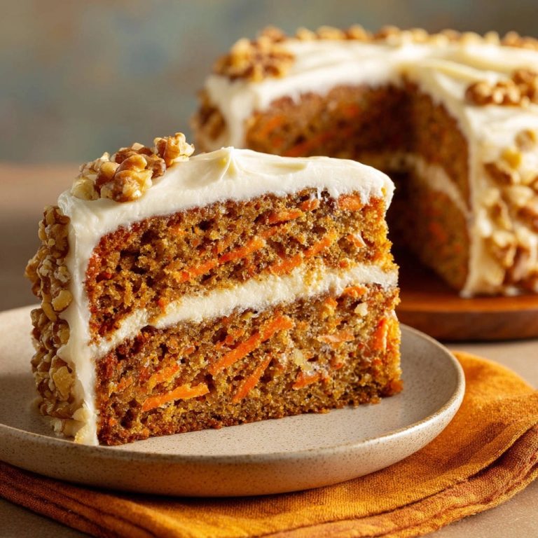 Saftiger Karottenkuchen mit cremigem Frosting im angeschnittenen Querschnitt, garniert mit Walnüssen auf einem Teller.