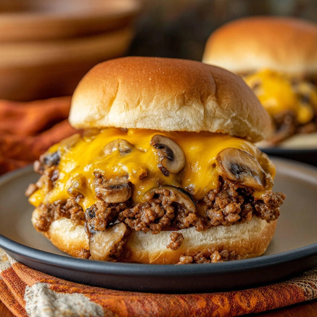 Saftiger Pilz-Käse-Sloppy-Joe als einzelne Portion auf einem Teller mit geschmolzenem Käse und Pilzen.