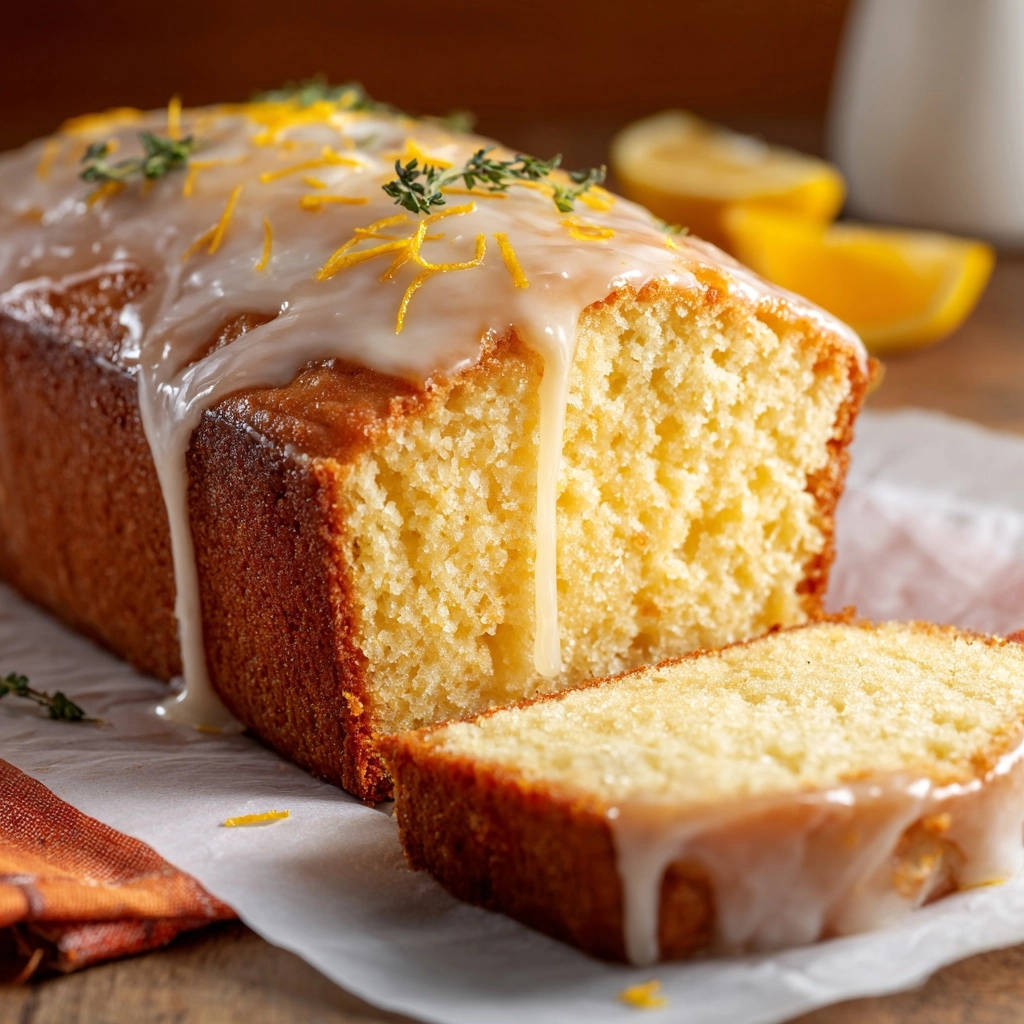 Saftiger Zitronen-Kastenkuchen mit Glasur und Zitrusscheiben, angeschnitten mit Nahaufnahme der saftigen Krume.