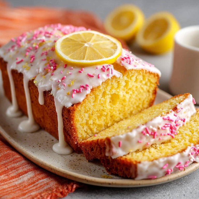 Saftiger Zitronenkuchen angeschnitten mit Zuckerguss und bunten Streuseln, garniert mit einer Zitronenscheibe.